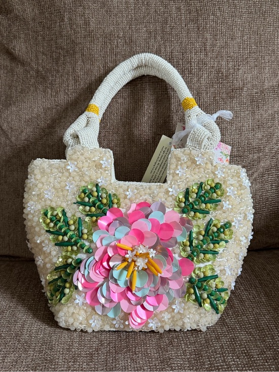 Handbags - Cream Beaded Tote with Pink Multicolor Floral Applique